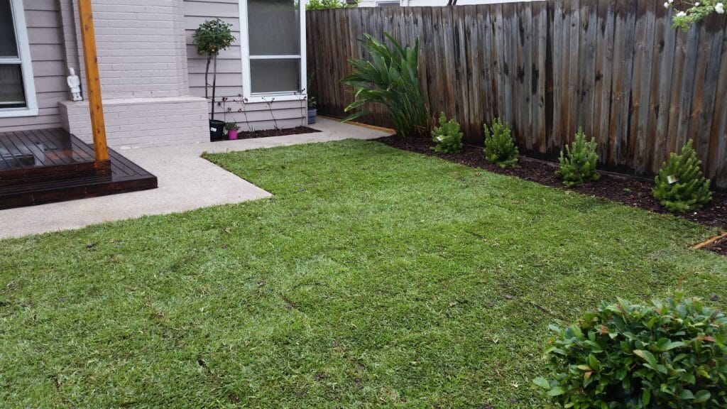 Front yard landscaping with exposed aggregate path and Sir Walter turf, Bacchus Marsh