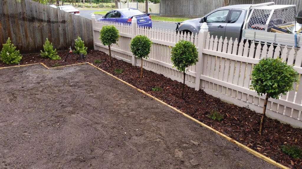 Dark-stained timber deck and front yard transformation, Bacchus Marsh