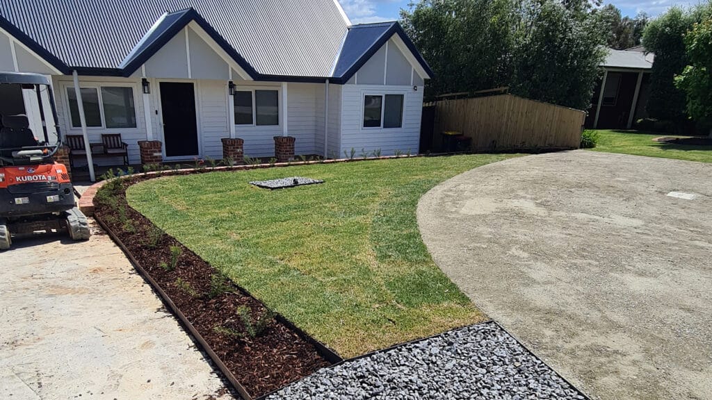 Front garden with established lawn and garden beds, Bacchus Marsh